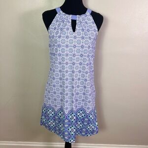 Cabana Life Blue White Tile Print Halter Neck Pocket Shift Dress Small
